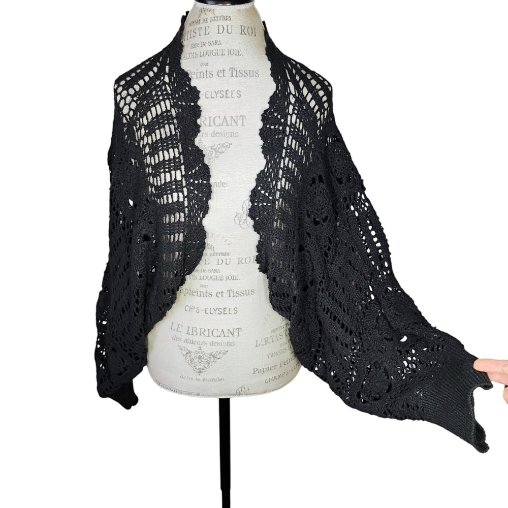 Apostrophe Shrug Sweater Womens XL Black Floral Crochet Open Knit Boho Festival